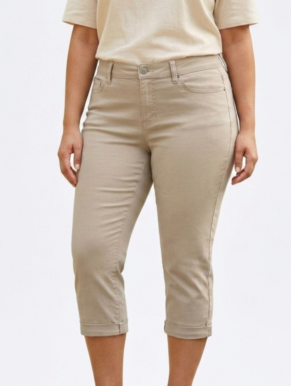 NWT Time and Tru Women's Mid Rise Denim Capri Pants Khaki Tan Size 10 Eco Friend